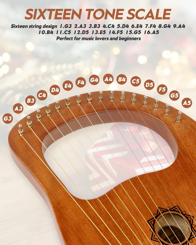 STRICH Lyre Harp, 16 Strings, Mahogany, Copper Saddle Lyre Harp Set with Spare Metal Strings, Tuning Wrench, Black Custom Gig Bag and Manual - Image 3